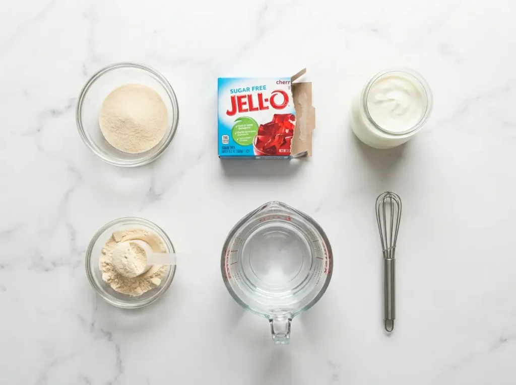 bariatric gelatin recipe ingredients flat lay on white Carrara marble