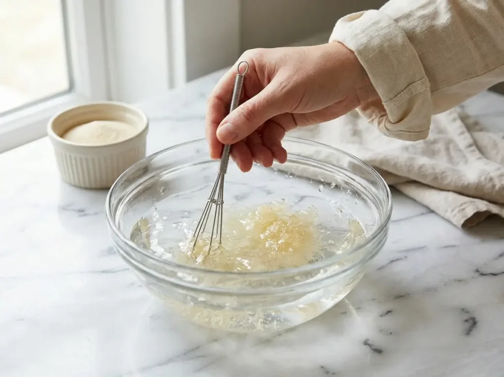 whisking gelatin into water for the bariatric gelatin recipe — step in progress