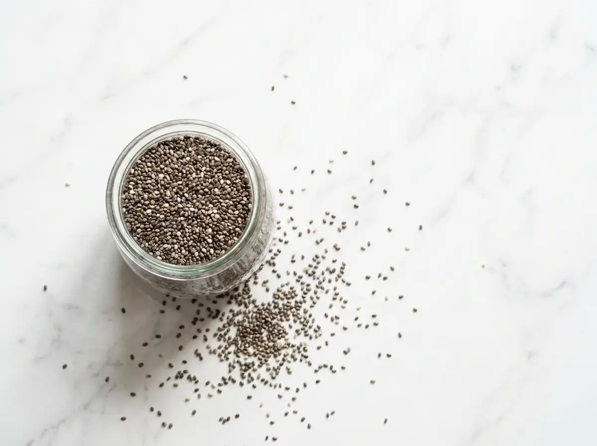 A jar of dry chia seeds on a white marble surface, highlighting the benefits of chia seeds