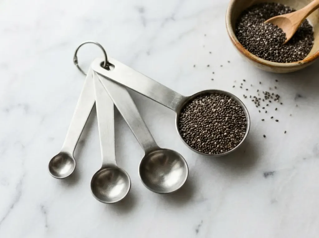 measuring spoon with chia seeds for correct water ratio