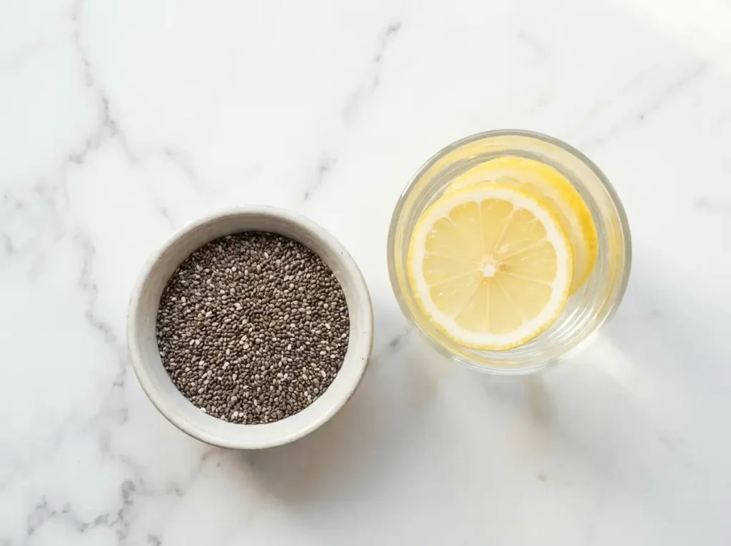 Chia seeds and lemon water on white marble — gut health benefits of chia seeds