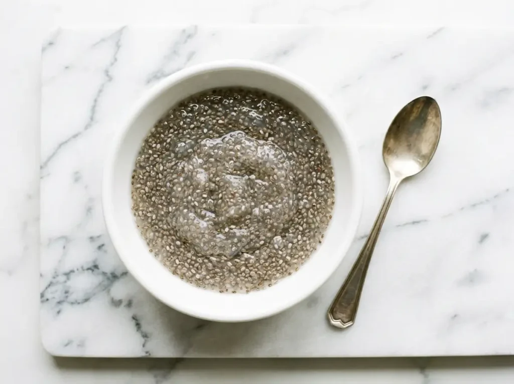 Bowl of soaked chia seeds on marble showing gel texture — chia seeds nutrition