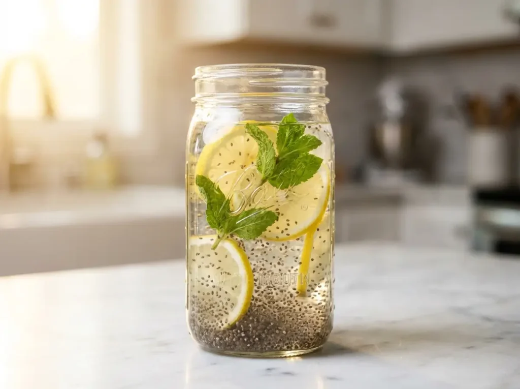 Chia seed lemon water recipe in a clear glass jar on white Carrara marble