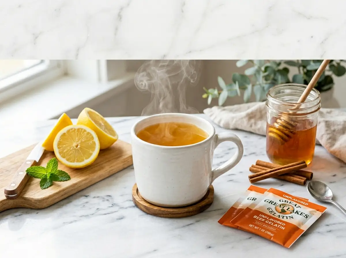 hot gelatin trick recipe for weight loss in a white ceramic mug on marble