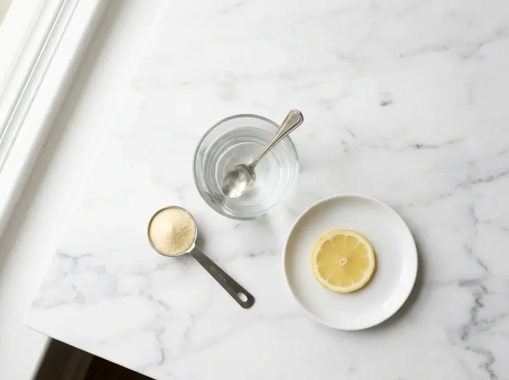 measuring spoon gelatin powder warm water lemon on marble — how to make the jillian michaels gelatin trick