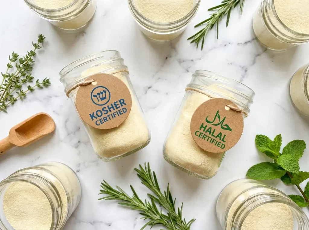 Gelatin jars with halal and kosher certification labels on white marble