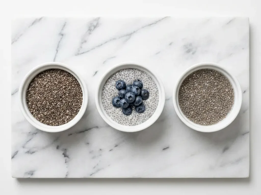 Three ways to eat chia seeds — dry, pudding, and chia seed water on white marble
