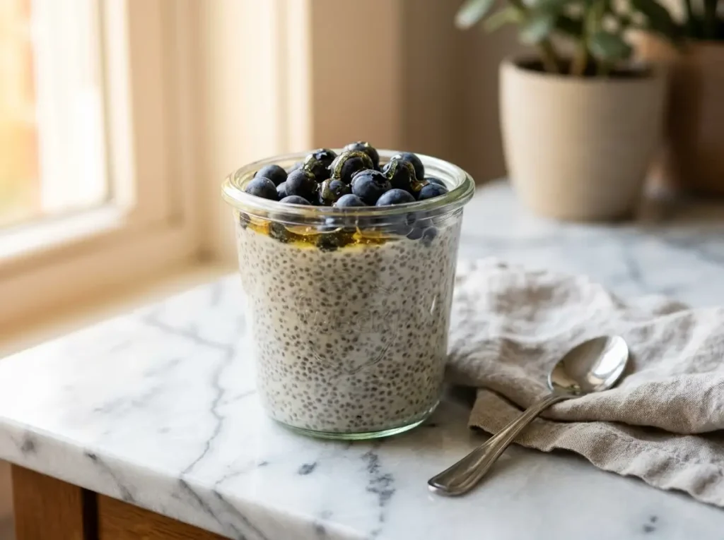 chia seed pudding recipe with blueberries in glass jar creamy texture