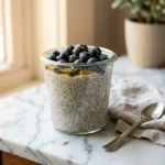 chia seed pudding recipe with blueberries in glass jar creamy texture