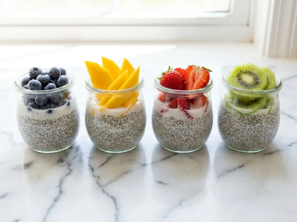 chia seed pudding recipe topping variations with blueberries mango strawberry kiwi