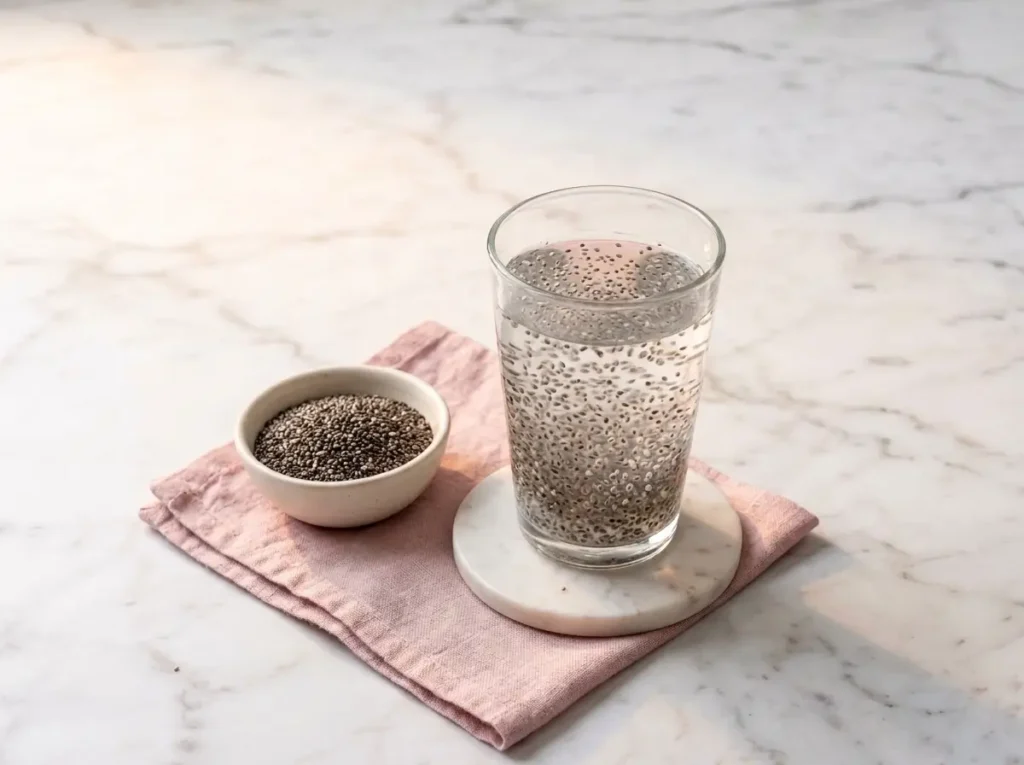 Glass of chia seed water on white Carrara marble as a mid-afternoon alternative to snacking
