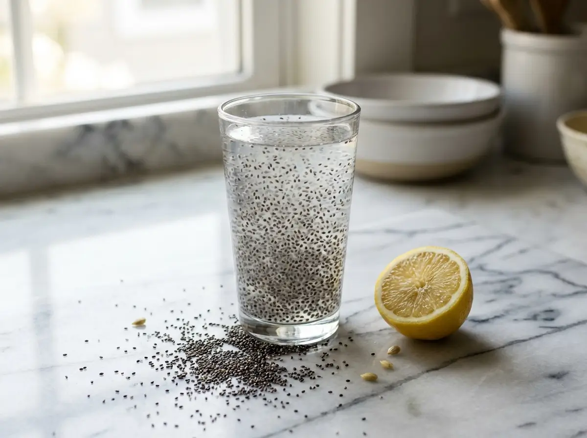 Chia seed water benefits drink with lemon in glass on marble surface