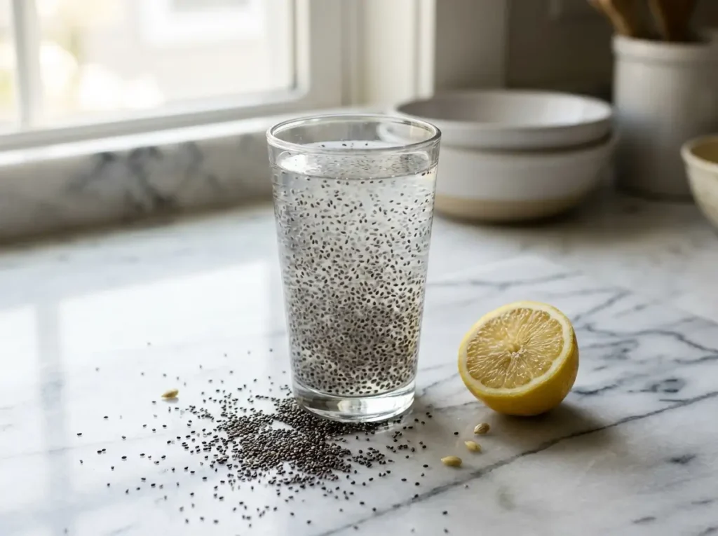 Chia seed water benefits drink with lemon in glass on marble surface