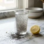 Chia seed water benefits drink with lemon in glass on marble surface