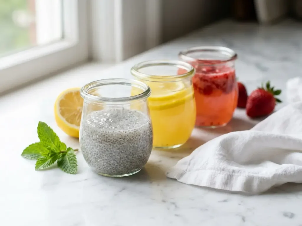 Three glass jars of chia seed water variations: plain, lemon, and strawberry on white marble