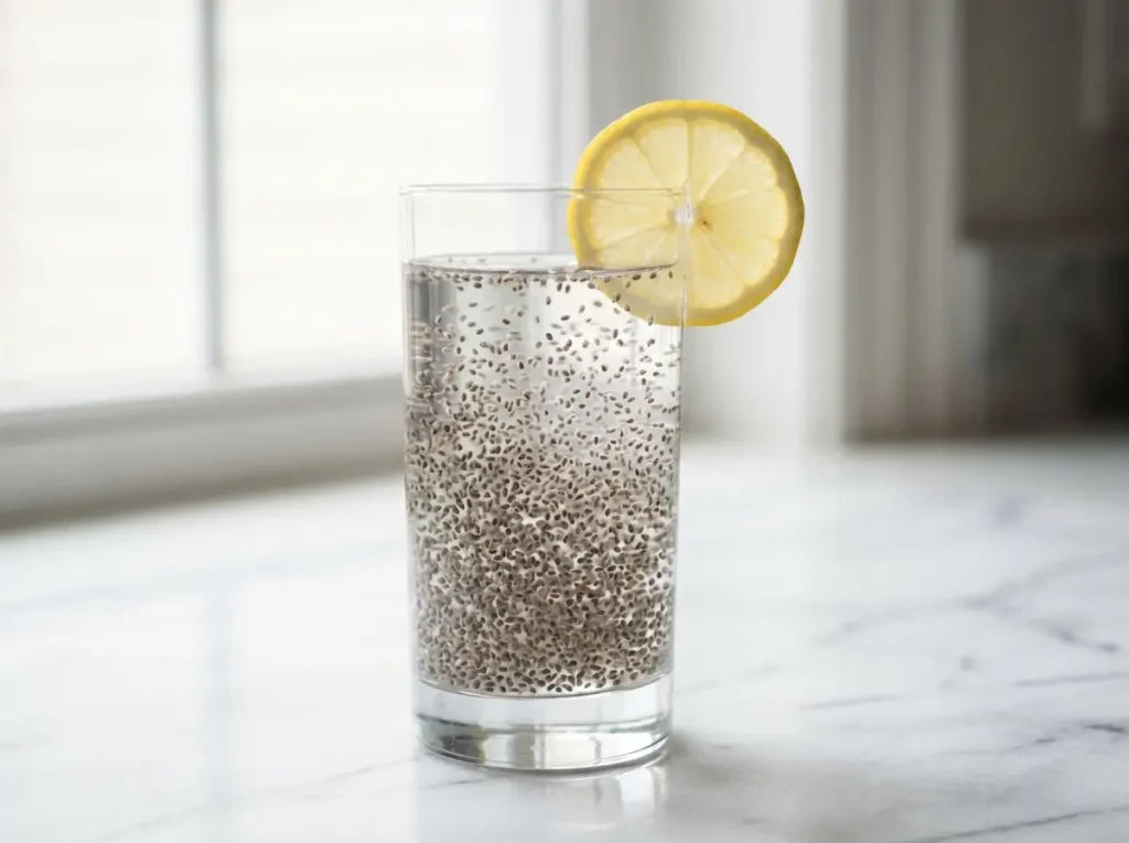chia seed water for weight loss in a clear glass on marble countertop