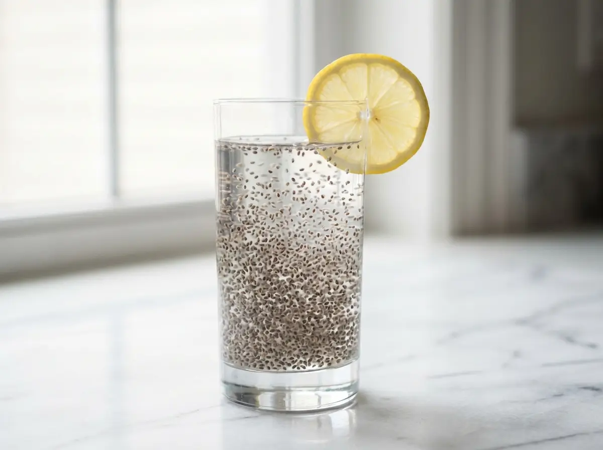 chia seed water for weight loss in a clear glass on marble countertop