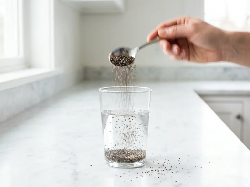 adding chia seeds to water glass for chia seed water benefits