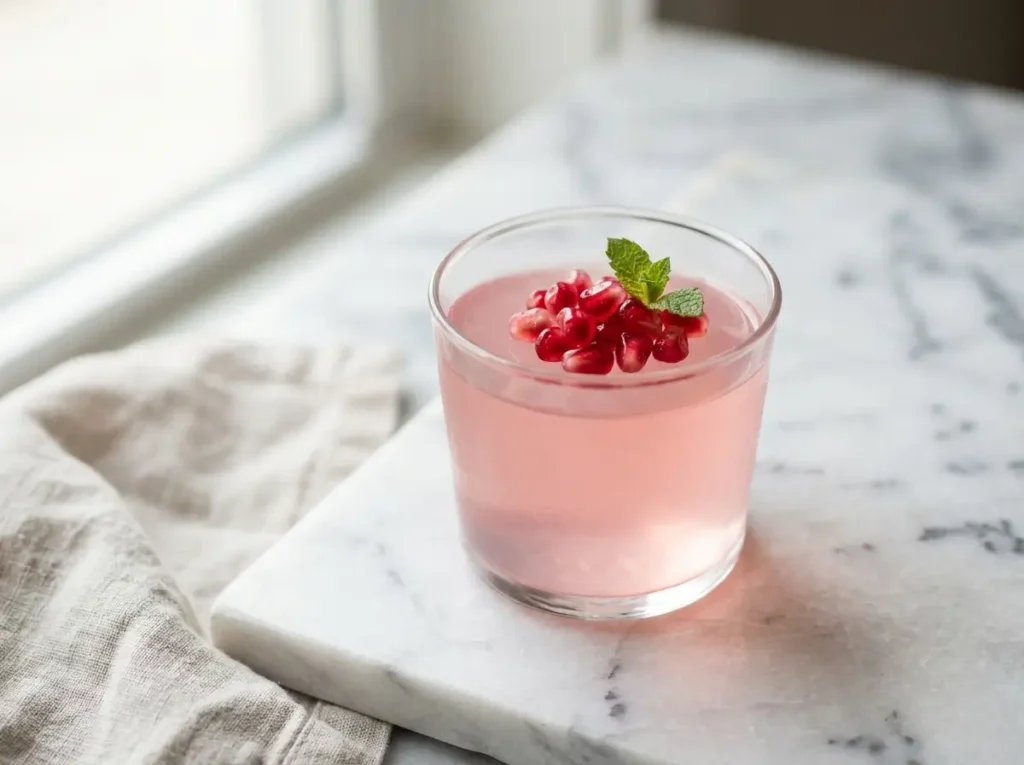 Chilled Dr Oz pink gelatin set in a small glass, garnished with pomegranate seeds