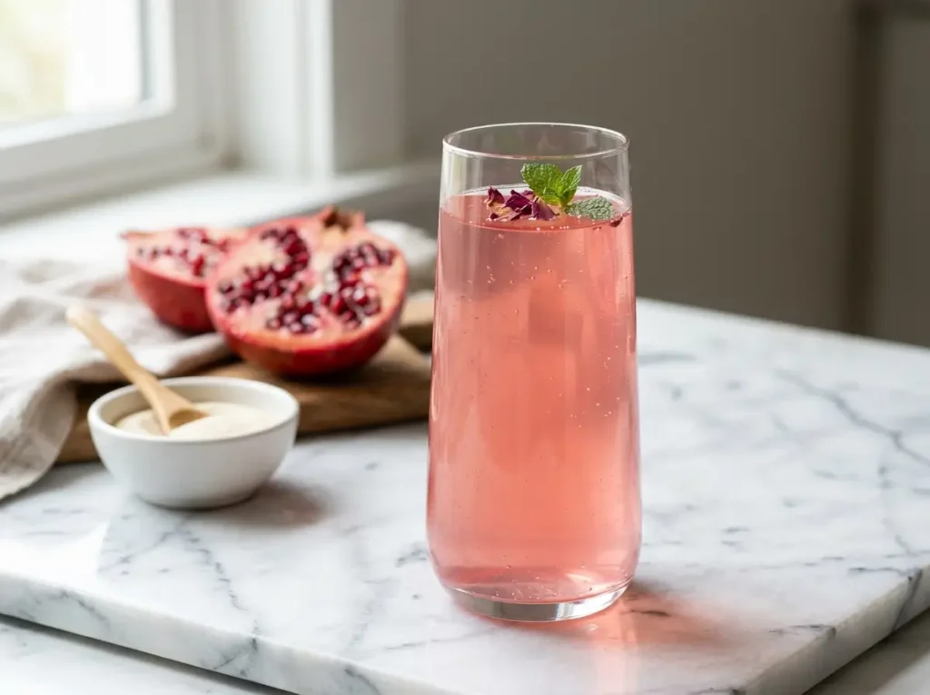 Dr Oz pink gelatin recipe in a clear glass on white marble