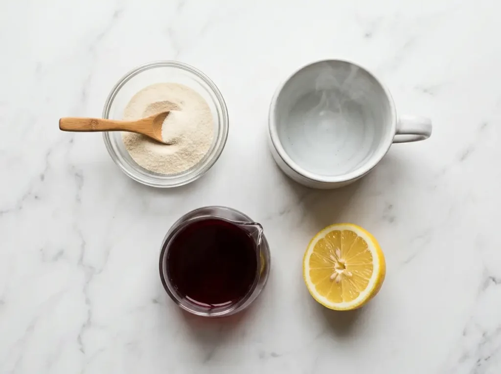 Four ingredients for the Dr Oz pink gelatin recipe on white marble