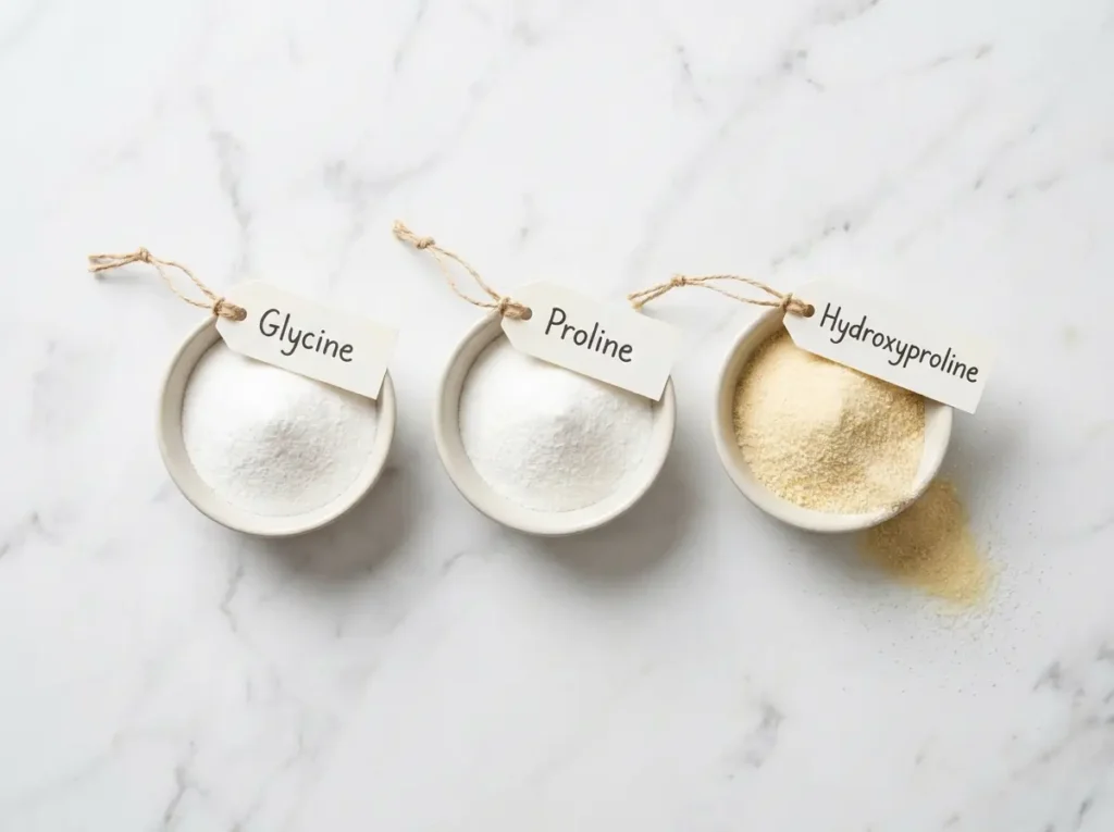 three bowls of gelatin amino acids glycine proline hydroxyproline on marble — science behind gelatin trick