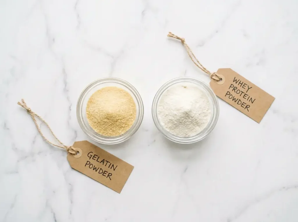 Gelatin powder vs whey protein powder on marble surface for gelatin for weight loss comparison
