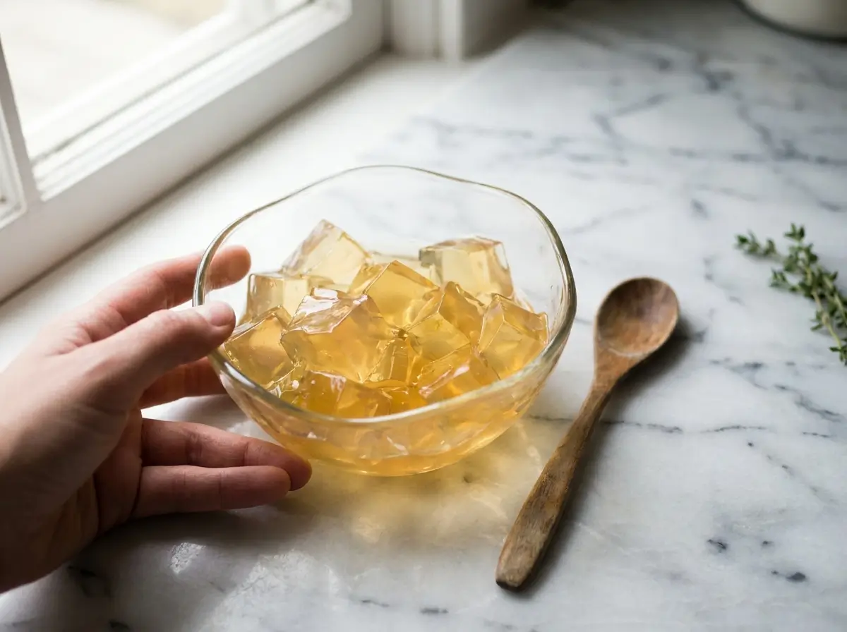 Glass bowl of golden gelatin on white marble surface with wooden spoon