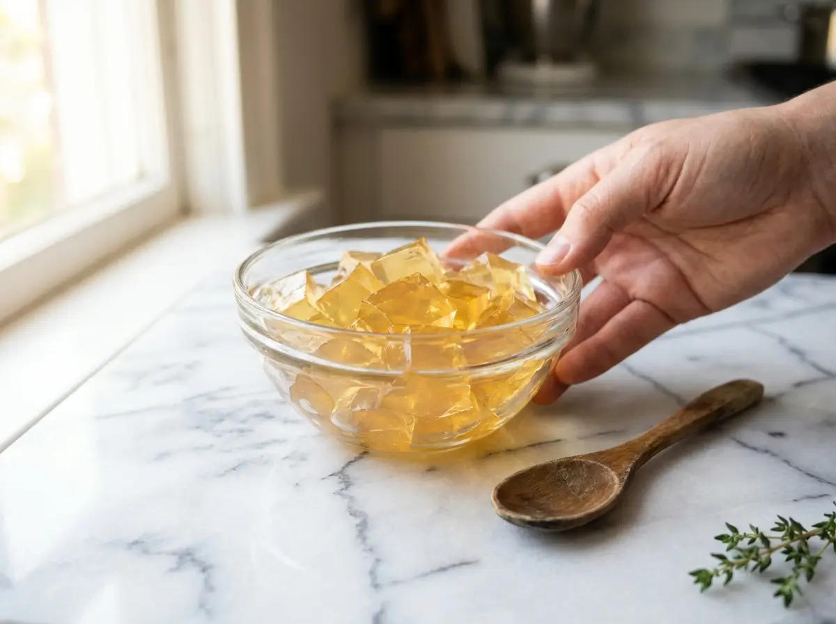 Glass bowl of golden gelatin on white marble surface with wooden spoon