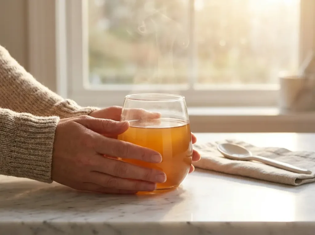 woman's hands holding warm gelatin drink glass by window — daily gelatin trick morning routine
