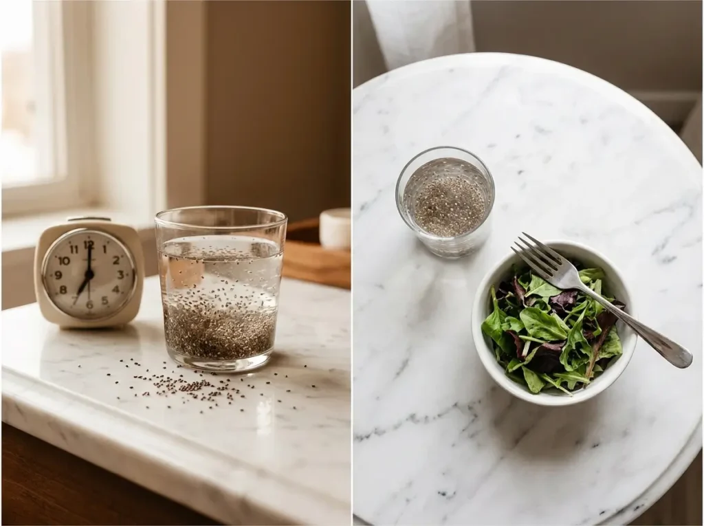 glass of chia seed water in the morning on marble counter