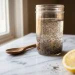 Glass jar of chia seed water with lemon on white Carrara marble countertop
