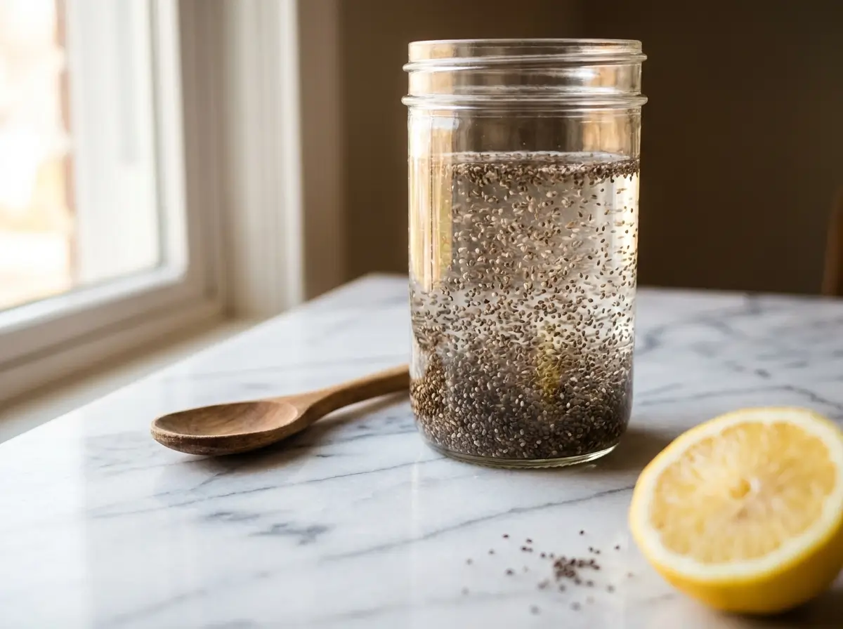 Glass jar of chia seed water with lemon on white Carrara marble countertop