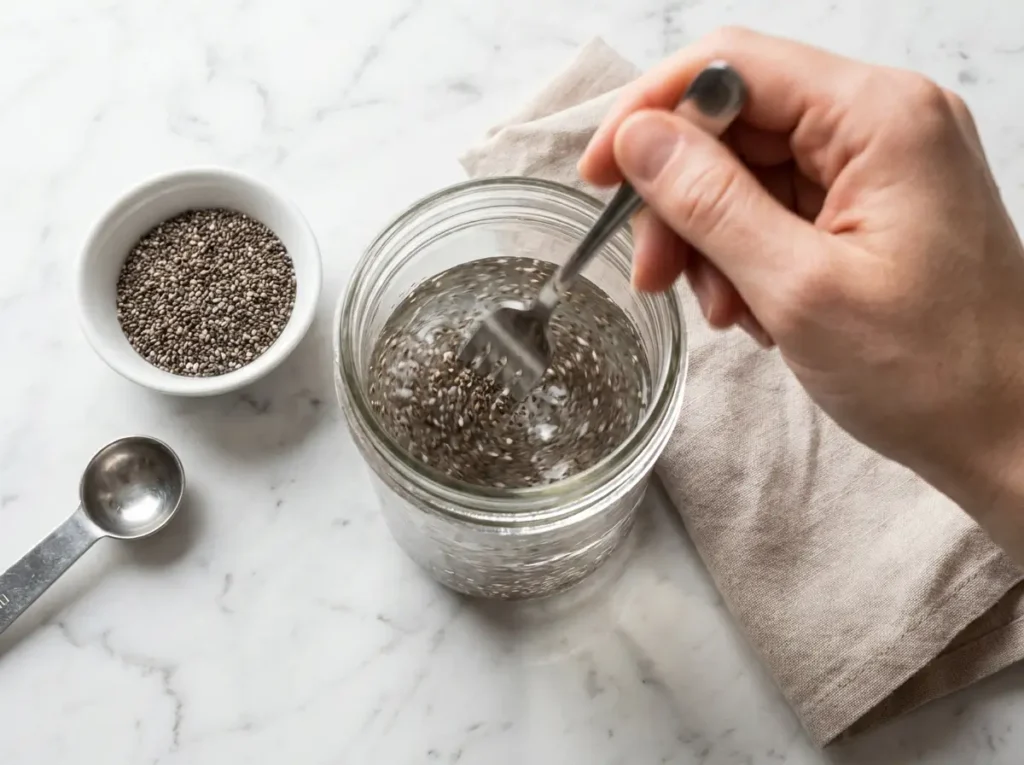 Hand stirring chia seeds in water with a fork on white marble, overhead view