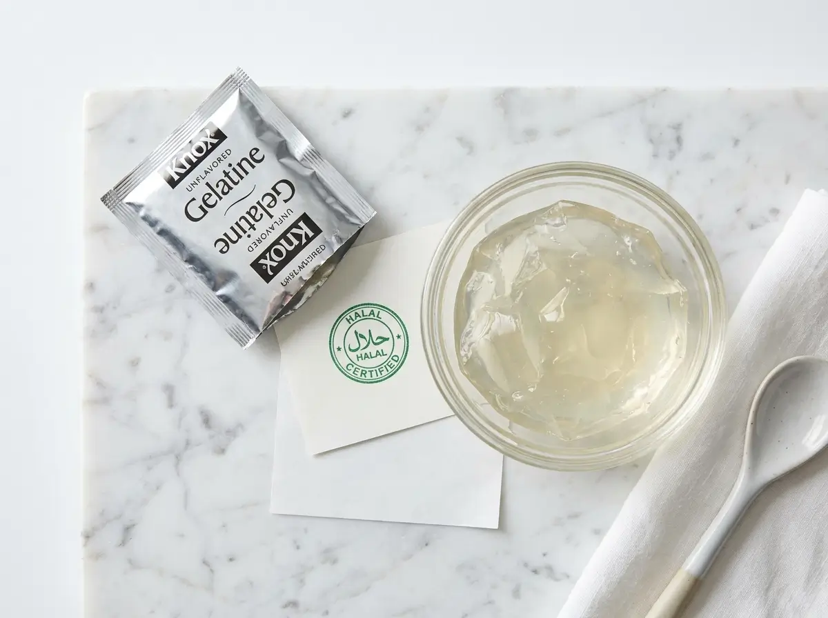 Knox gelatin packet next to halal certification stamp on white marble background