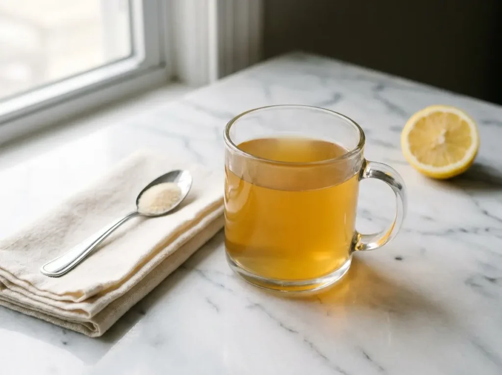 Warm Jillian Michaels gelatin recipe drink in a clear glass mug on a white Carrara marble countertop with a halved lemon and a tablespoon nearby.
