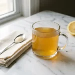 Warm Jillian Michaels gelatin recipe drink in a clear glass mug on a white Carrara marble countertop with a halved lemon and a tablespoon nearby.