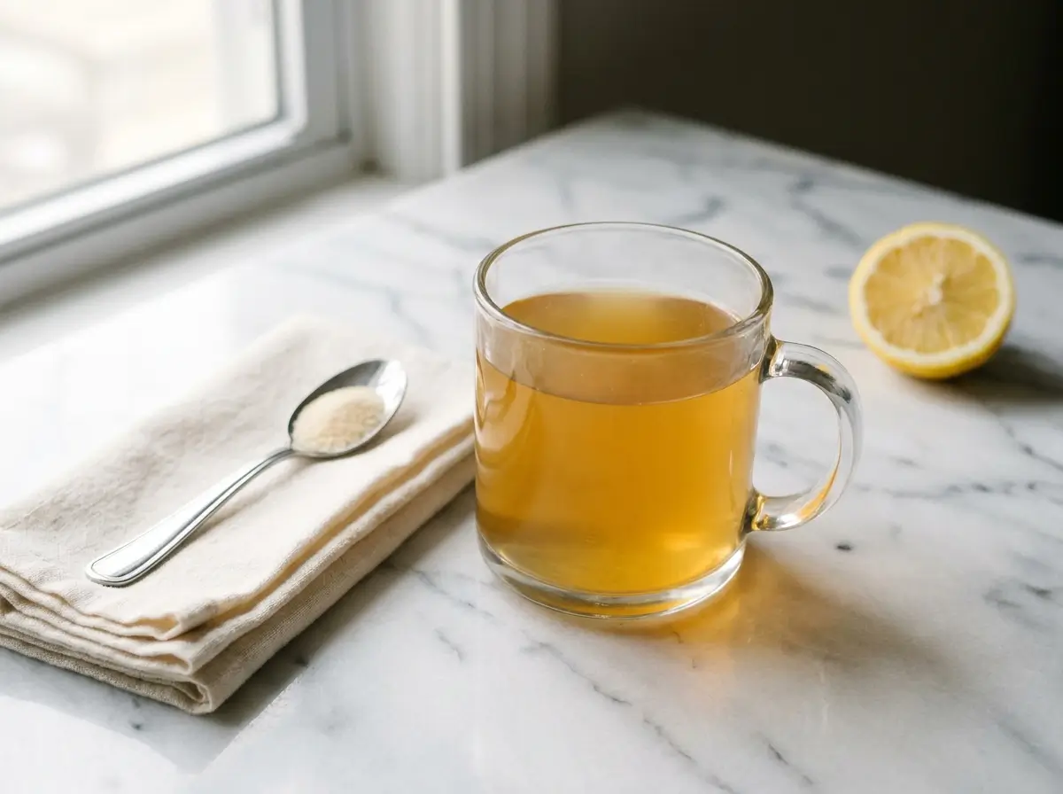 Warm Jillian Michaels gelatin recipe drink in a clear glass mug on a white Carrara marble countertop with a halved lemon and a tablespoon nearby.