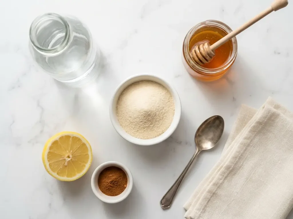 Warm Jillian Michaels gelatin recipe drink in a clear glass mug on a white Carrara marble countertop with a halved lemon and a tablespoon nearby.