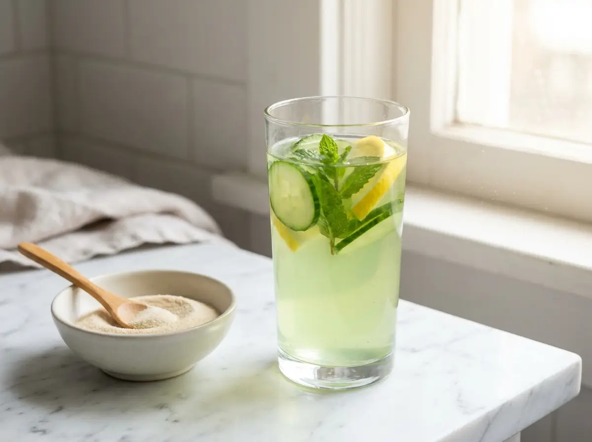 glass of unflavored gelatin drink on marble countertop — jillian michaels gelatin trick
