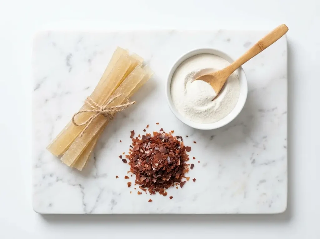 Agar agar strips and pectin powder on Carrara marble background