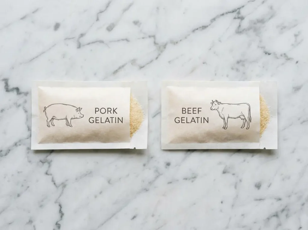 Side-by-side pork gelatin and beef gelatin packets on white marble