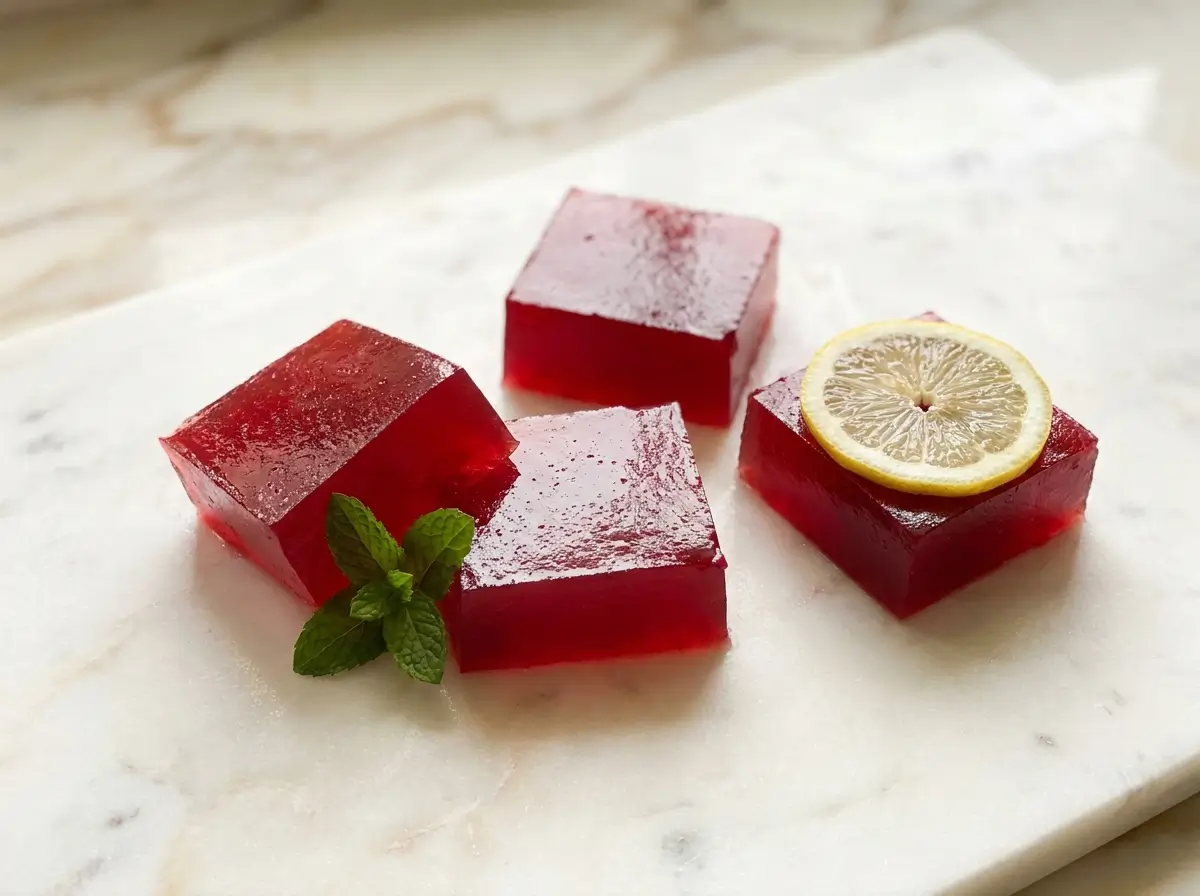 Recipe for gelatin weight loss — ruby red gelatin cubes on white Carrara marble with mint and lemon