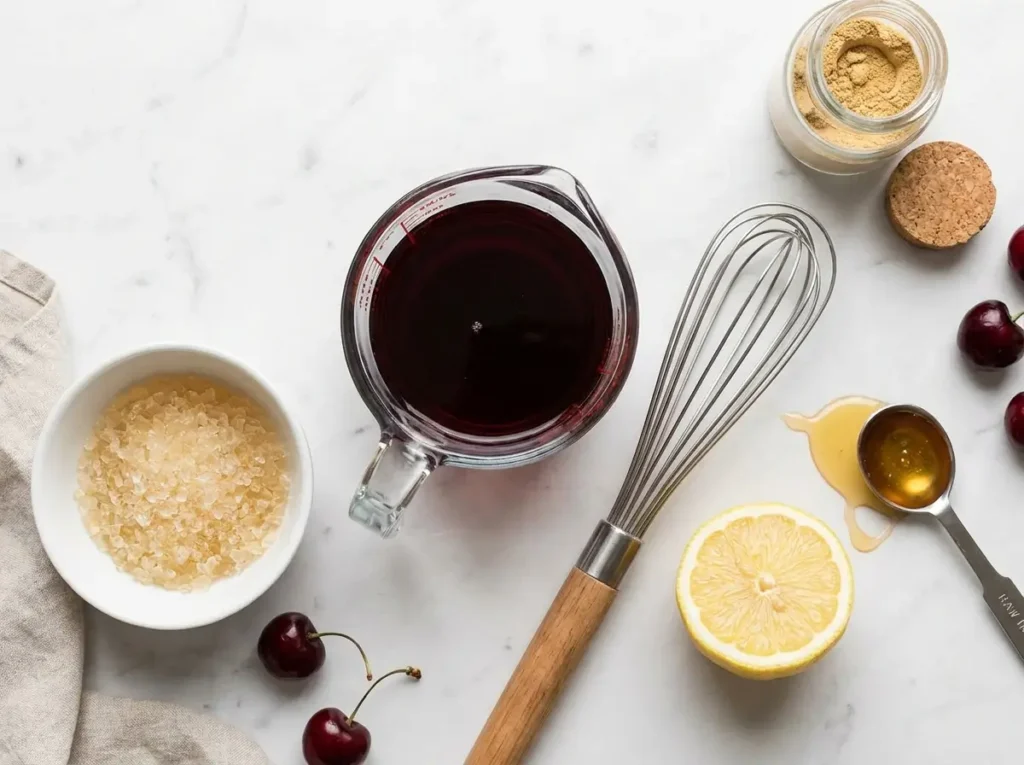 Ingredients for gelatin weight loss recipe on white marble — cherry juice, bloomed gelatin, lemon, honey Ingredients for gelatin weight loss recipe on white marble — cherry juice, bloomed gelatin, lemon, honey