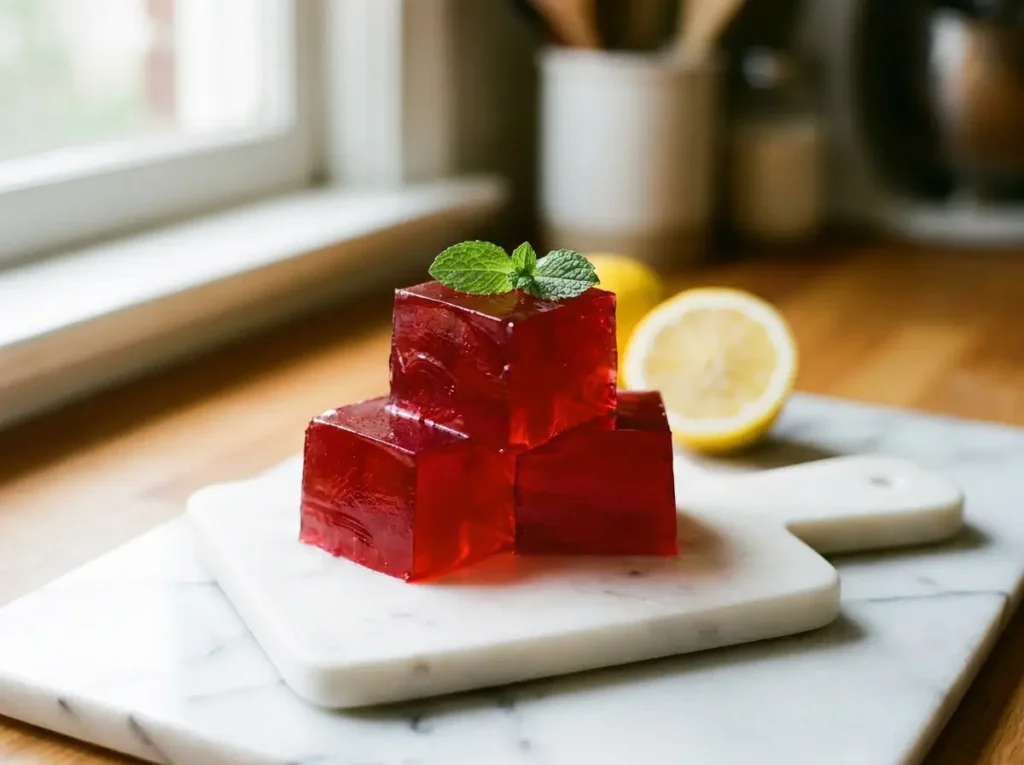 Stacked ruby red gelatin cubes on white marble board — gelatin weight loss snack close-up
