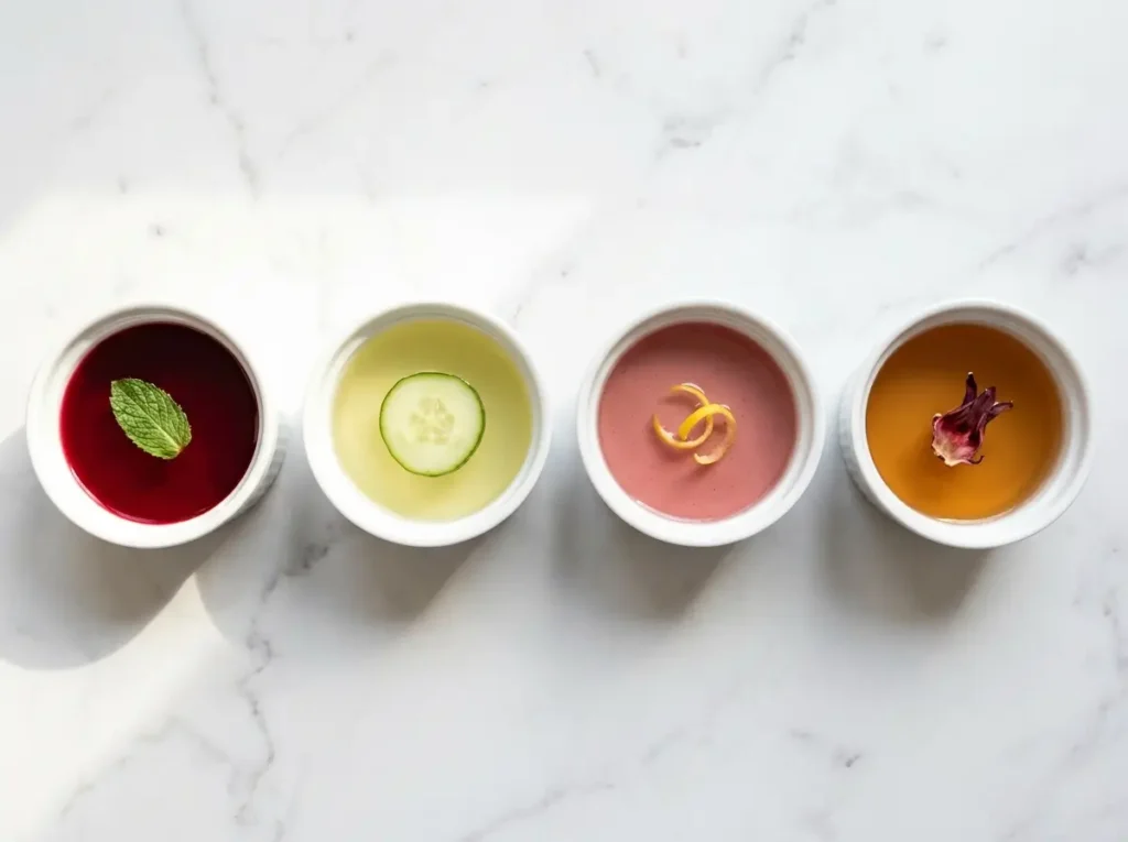 Four gelatin weight loss recipe variations in white ramekins on Carrara marble — cherry, lemon, pink hibiscus, apple cider