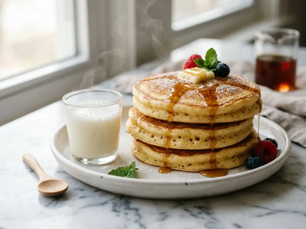 Fluffy pancakes on white plate