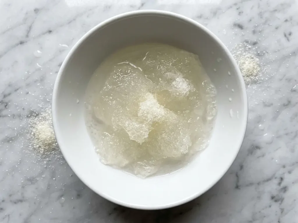 Gelatin powder blooming in cold water in a white ceramic bowl