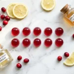 Jillian Michaels gelatin gummies on white marble with cranberries and lemon