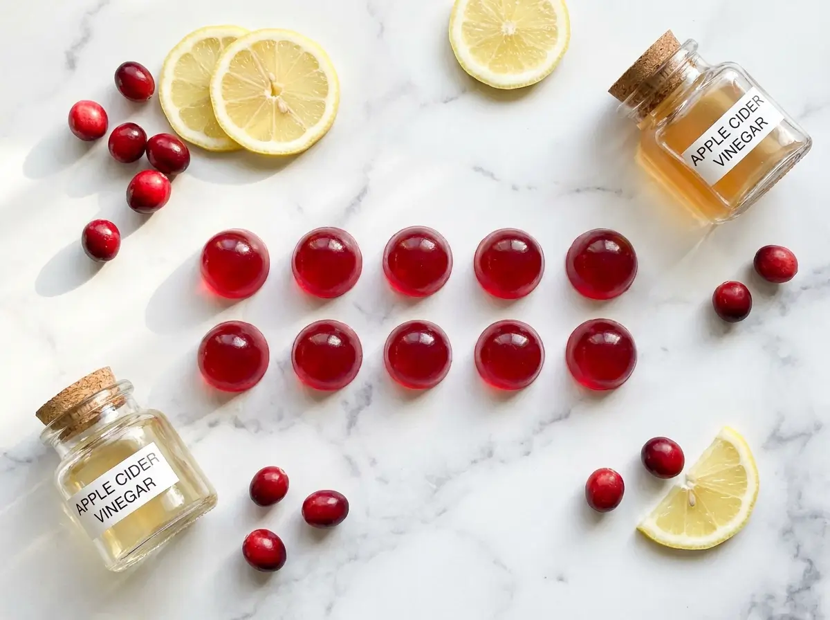 Jillian Michaels gelatin gummies on white marble with cranberries and lemon